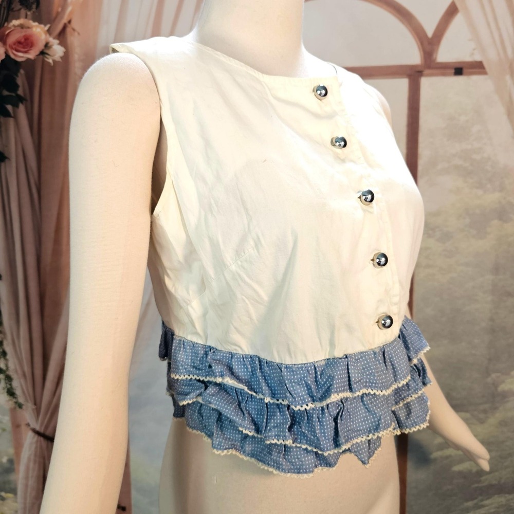 Vintage 1960's 50's Blouse Top Shirt White Blue Polka Dot Ruffled Cropped